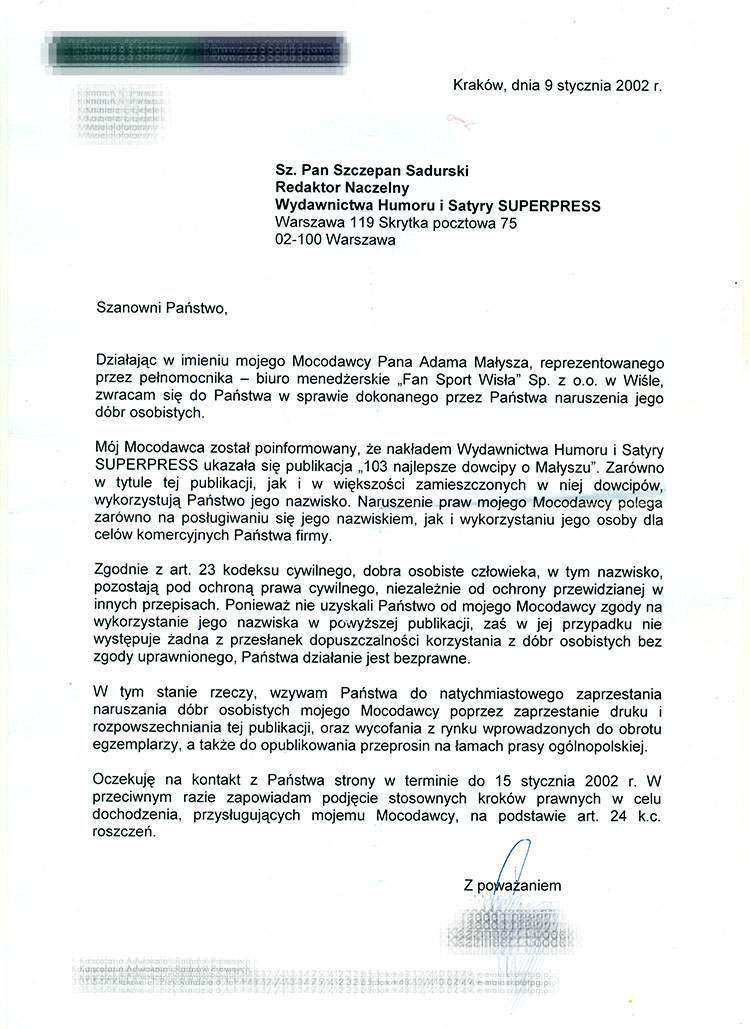 Adam Małysz pismo kancelaria prawna
