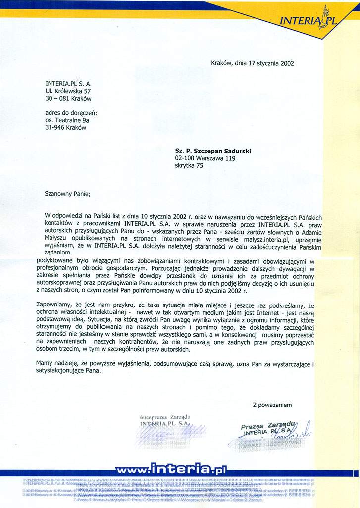 Adam Małysz pismo od Zarządu Interia