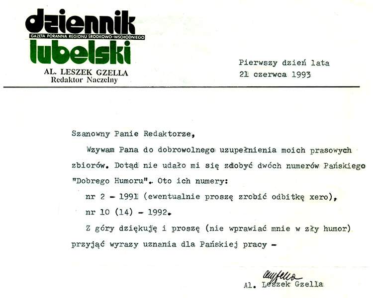Alojzy Leszek Gzella list redaktor naczelny Dziennik Lubelski