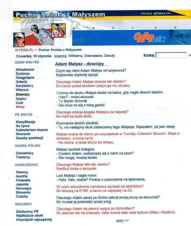 Interia skrin 2001 oficjalny serwis Małysza dowcipy