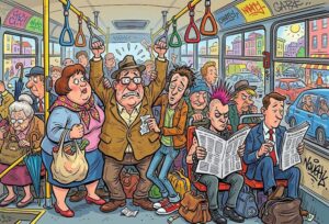 dowcipy o autobusach rysunek humorystyczny pasażerowie w autobusie