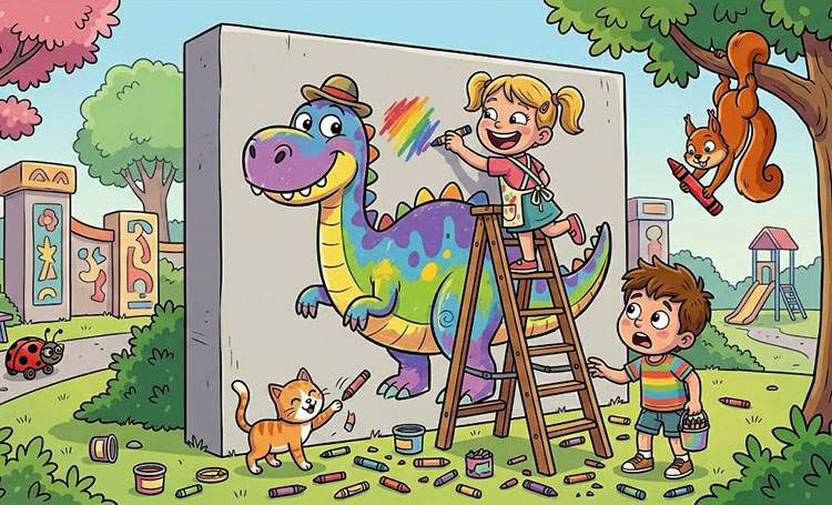 dzieci rysują kredkami dinozaura humor z zeszytów szkolnych