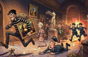 francuscy złodzieje złodziej ucieka z Luwru z obrazem Mona Lisa humor