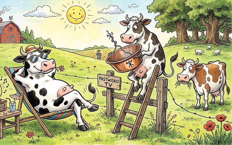 Żarty i dowcipy o krowach. Krowy na wesoło krowy na pastwisku humor rysunkowy dowcipy o krowach