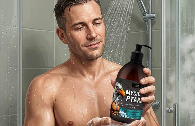 Mycie ptaka i Kościotrup. Kiedy szokująca nazwa zaczyna sprzedawać mycie ptaka produkt mezczyzna pod prysznicem