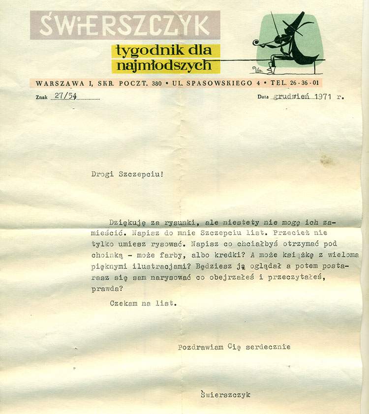 talent plastyczny list od redakcji Świerszczyka Szczepan Sadurski