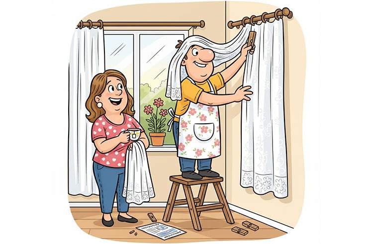 wieszanie firanek humor rysunkowy firanki ciekawostki o firankach